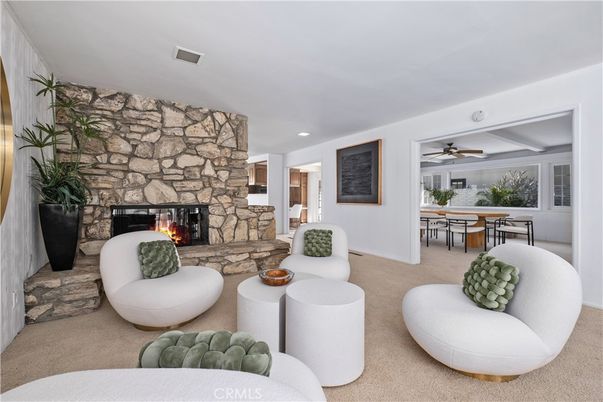 Dining room, Fireplace, Interior, Living room, Recessed Lighting, Stone Walls