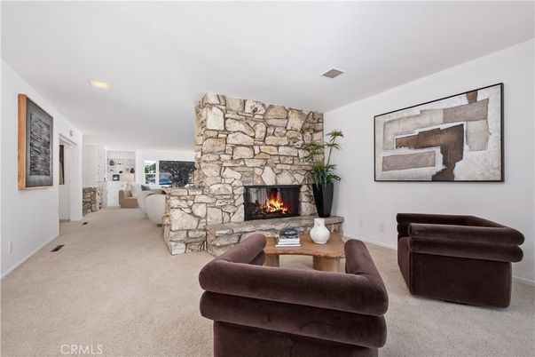 Fireplace, Interior, Living room, Recessed Lighting, Stone Walls