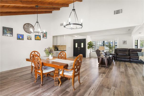 Chandelier, Dining room, Interior, Living room, Pendant Lights, Wooden Beams, Wooden Ceilings, Wood Texture Flooring