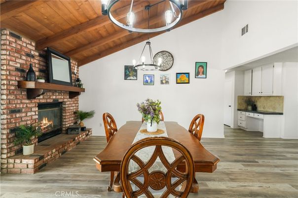 Dining room, Fireplace, Interior, Pendant Lights, Stone Walls, Wooden Beams, Wooden Ceilings, Wood Texture Flooring