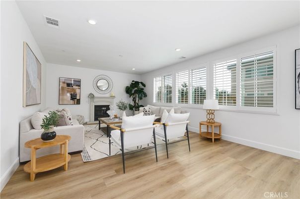 Fireplace, Interior, Living room, Recessed Lighting, Wood Texture Flooring