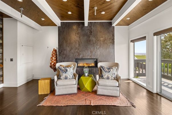 Fireplace, Interior, Living room, Recessed Lighting, Wooden Ceilings, Wood Texture Flooring