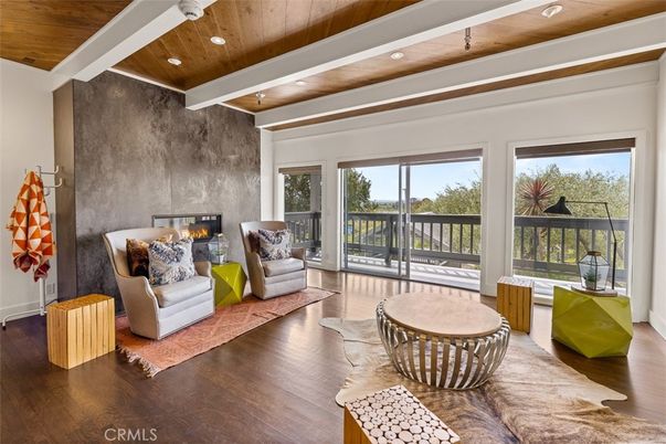 Fireplace, Interior, Living room, Recessed Lighting, Wooden Beams, Wooden Ceilings, Wood Texture Flooring