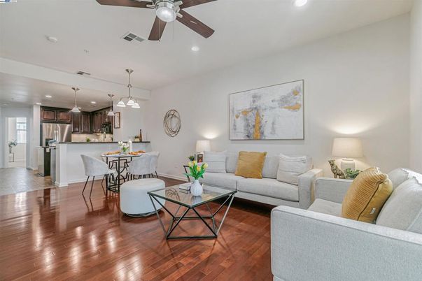 Dining room, Interior, Kitchen, Living room, Pendant Lights, Recessed Lighting, Stainless Steel Appliances, Wood Texture Flooring