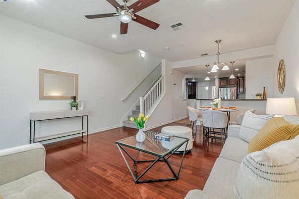 Dining room, Interior, Kitchen, Living room, Pendant Lights, Recessed Lighting, Stainless Steel Appliances, Wood Texture Flooring