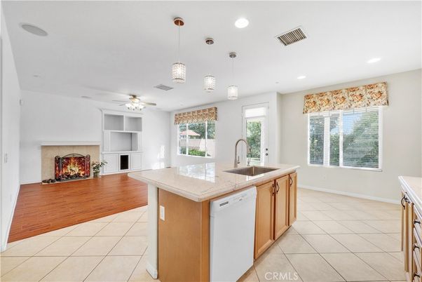 Fireplace, Interior, Kitchen, Pendant Lights, Recessed Lighting, Wood Texture Flooring