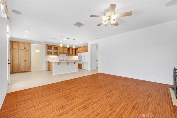 Empty room, Interior, Kitchen, Pendant Lights, Recessed Lighting, Wood Texture Flooring