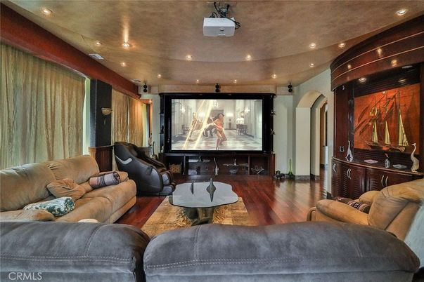 Interior, Projection Screen, Recessed Lighting, Theatre Room, Wood Texture Flooring