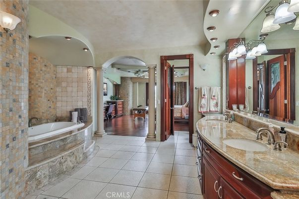 Bathroom, Dual Sink Vanities, Interior, Recessed Lighting, Wood Texture Flooring