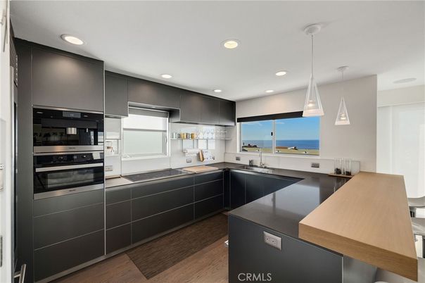 Interior, Kitchen, Pendant Lights, Recessed Lighting, Stainless Steel Appliances, Water, Wood Texture Flooring