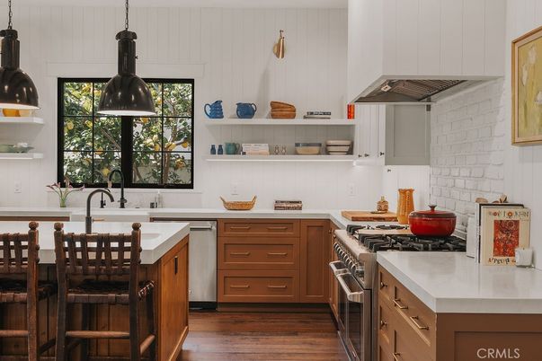 Interior, Kitchen, Pendant Lights, Stainless Steel Appliances, Stone Walls, Wood Texture Flooring