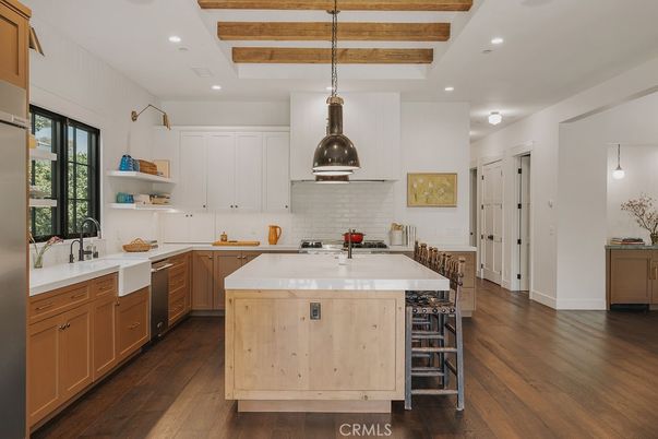 Interior, Kitchen, Pendant Lights, Recessed Lighting, Stainless Steel Appliances, Wooden Beams, Wood Texture Flooring