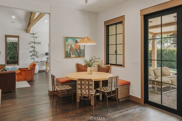 Dining room, Interior, Pendant Lights, Recessed Lighting, Wooden Beams, Wood Texture Flooring