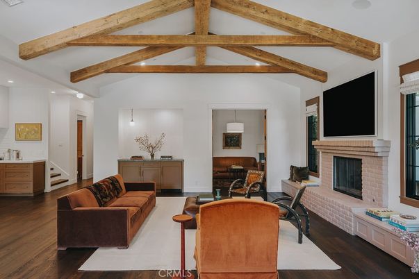 Fireplace, Interior, Living room, Recessed Lighting, Wooden Beams, Wood Texture Flooring