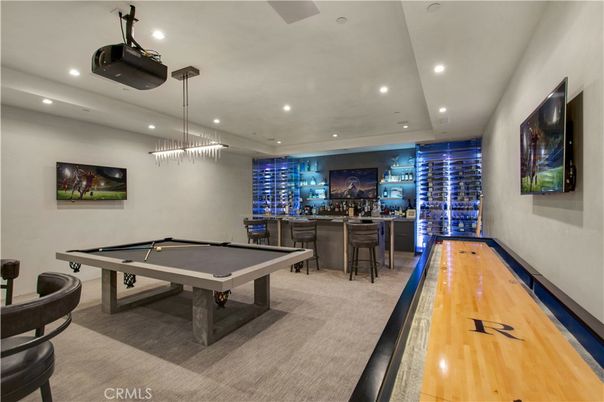 Billiard Table, Game Room, Interior, Pendant Lights, Recessed Lighting, Wood Texture Flooring