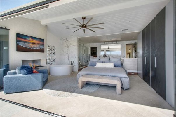 Bedroom, Fireplace, Interior, Marble Walls, Pendant Lights