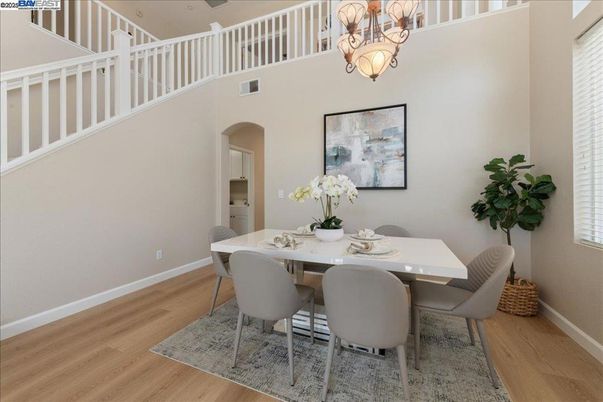 Chandelier, Dining room, Interior, Wood Texture Flooring