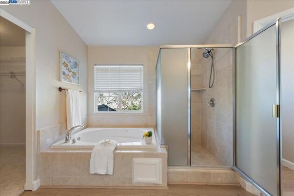 Bathroom, Glass Shower, Interior, Recessed Lighting, Wood Texture Flooring