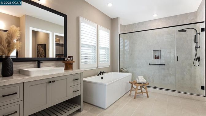 Bathroom, Dual Sink Vanities, Glass Shower, Interior, Recessed Lighting