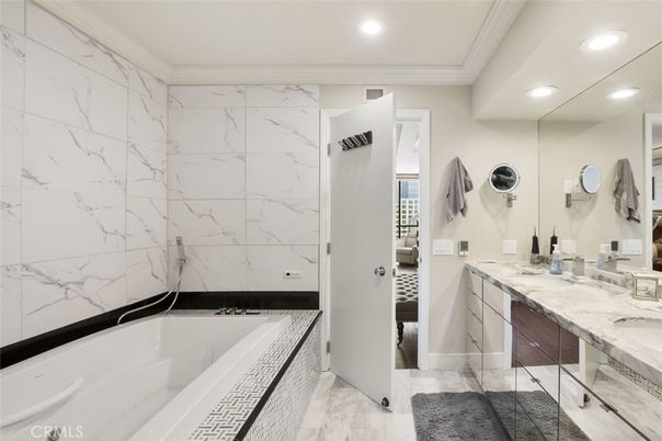 Bathroom, Dual Sink Vanities, Interior, Marble, Marble Walls, Recessed Lighting