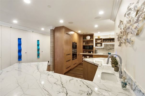 Interior, Kitchen, Marble, Recessed Lighting, Stainless Steel Appliances, Wood Texture Flooring