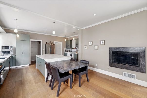 Dining room, Interior, Kitchen, Pendant Lights, Recessed Lighting, Stainless Steel Appliances, Wood Texture Flooring