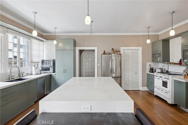 Interior, Kitchen, Pendant Lights, Stainless Steel Appliances, Wood Texture Flooring