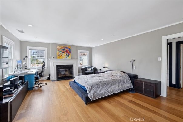 Bedroom, Fireplace, Home Office, Interior, Recessed Lighting, Wood Texture Flooring