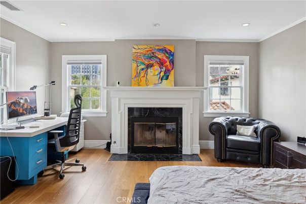 Fireplace, Home Office, Interior, Recessed Lighting, Wood Texture Flooring