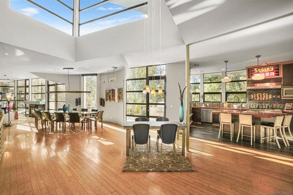 Dining room, Glass Ceilings, Interior, Pendant Lights, Wood Texture Flooring