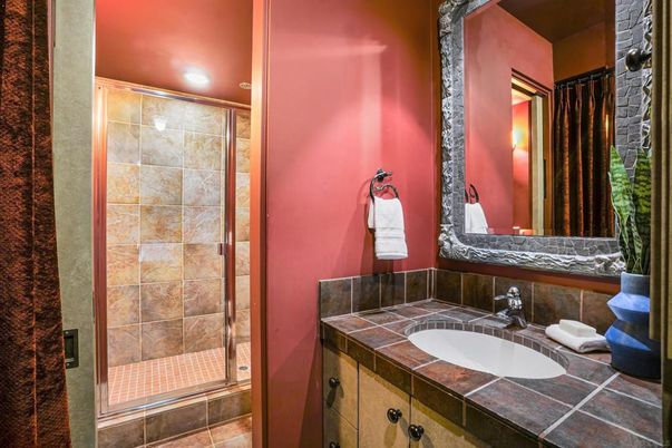 Bathroom, Glass Shower, Interior, Recessed Lighting, Tile Countertops