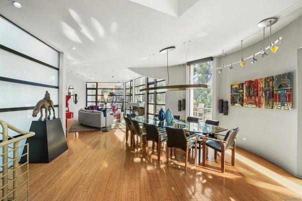 Dining room, Interior, Living room, Pendant Lights, Recessed Lighting, Wood Texture Flooring