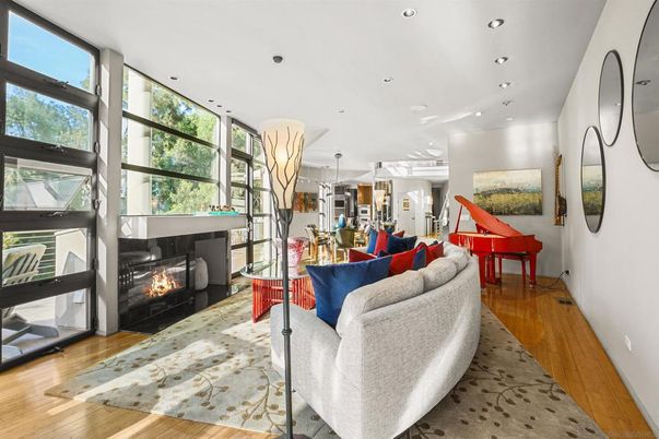 Fireplace, Interior, Living room, Piano, Recessed Lighting, Wood Texture Flooring