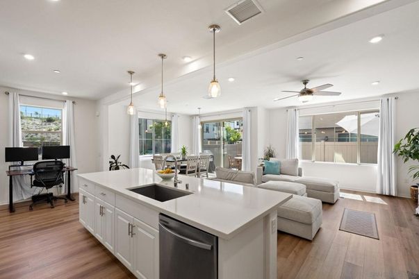 Dining room, Interior, Kitchen, Living room, Pendant Lights, Recessed Lighting, Wood Texture Flooring