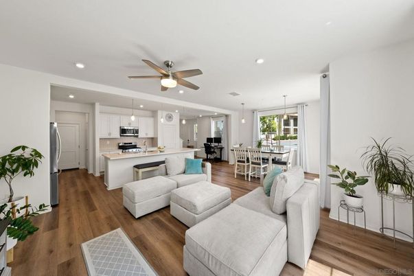 Dining room, Interior, Kitchen, Living room, Pendant Lights, Recessed Lighting, Stainless Steel Appliances, Wood Texture Flooring