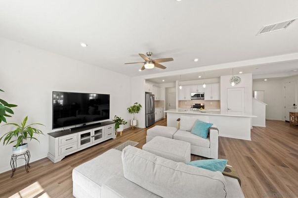 Interior, Kitchen, Living room, Pendant Lights, Recessed Lighting, Stainless Steel Appliances, Wood Texture Flooring