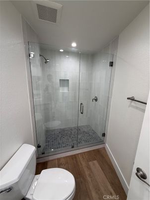 Bathroom, Glass Shower, Interior, Recessed Lighting, Wood Texture Flooring