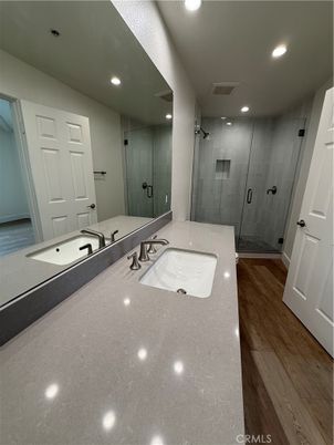 Bathroom, Glass Shower, Interior, Recessed Lighting, Wood Texture Flooring