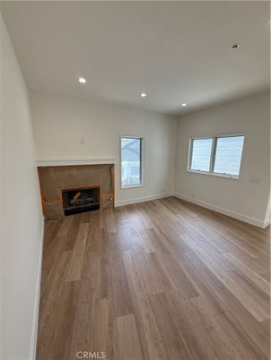 Empty room, Fireplace, Interior, Recessed Lighting, Wood Texture Flooring
