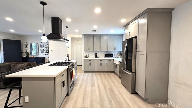 Interior, Kitchen, Pendant Lights, Recessed Lighting, Stainless Steel Appliances, Wood Texture Flooring