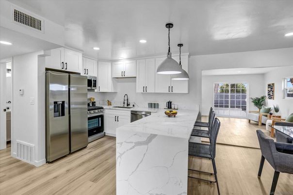 Interior, Kitchen, Pendant Lights, Recessed Lighting, Stainless Steel Appliances, Wood Texture Flooring