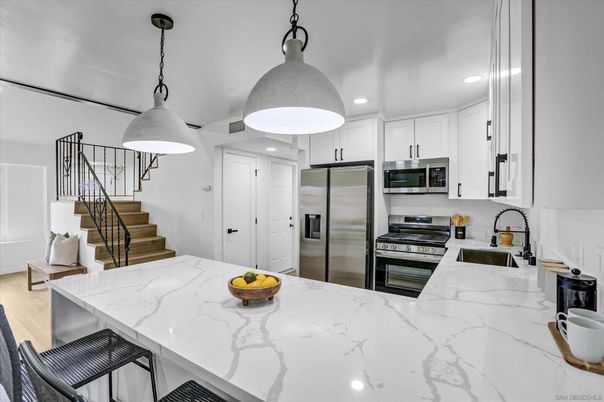 Interior, Kitchen, Pendant Lights, Recessed Lighting, Stainless Steel Appliances, Wood Texture Flooring