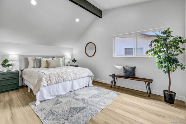 Bedroom, Interior, Recessed Lighting, Wooden Beams, Wood Texture Flooring