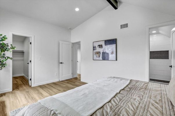 Bedroom, Interior, Recessed Lighting, Wood Texture Flooring