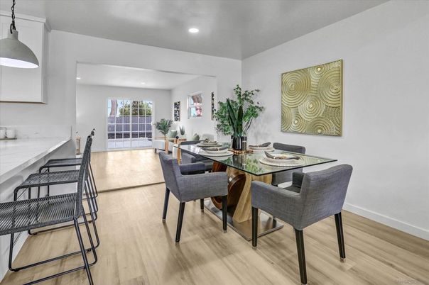 Dining room, Interior, Recessed Lighting, Wood Texture Flooring