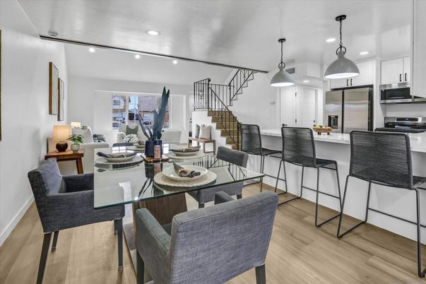 Dining room, Interior, Kitchen, Pendant Lights, Recessed Lighting, Stainless Steel Appliances, Wood Texture Flooring