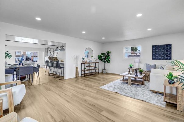 Dining room, Interior, Living room, Recessed Lighting, Wood Texture Flooring