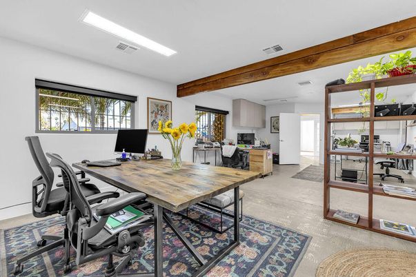 Home Office, Interior, Recessed Lighting, Wooden Beams, Wood Texture Flooring