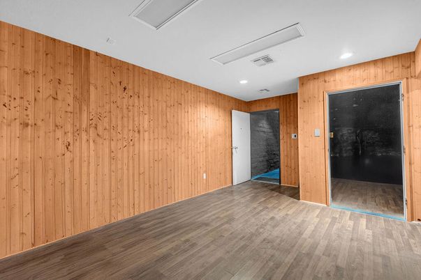 Empty room, Interior, Recessed Lighting, Wood Texture Flooring, Wooden Walls