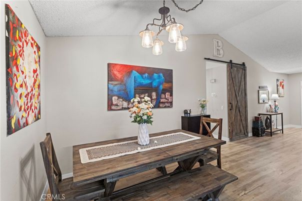 Dining room, Interior, Pendant Lights, Wood Texture Flooring